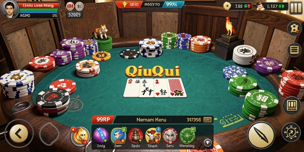 Screenshot gameplay seru dari 99RP yang menunjukkan kompetisi QiuQiu.