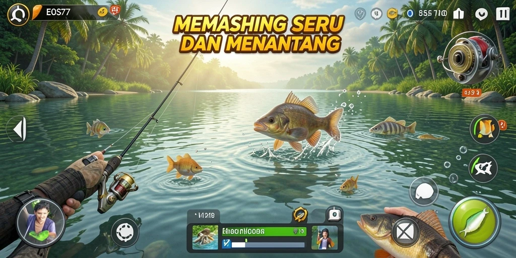 Tampilan gameplay EOS77 yang seru dengan aksi memancing menarik.