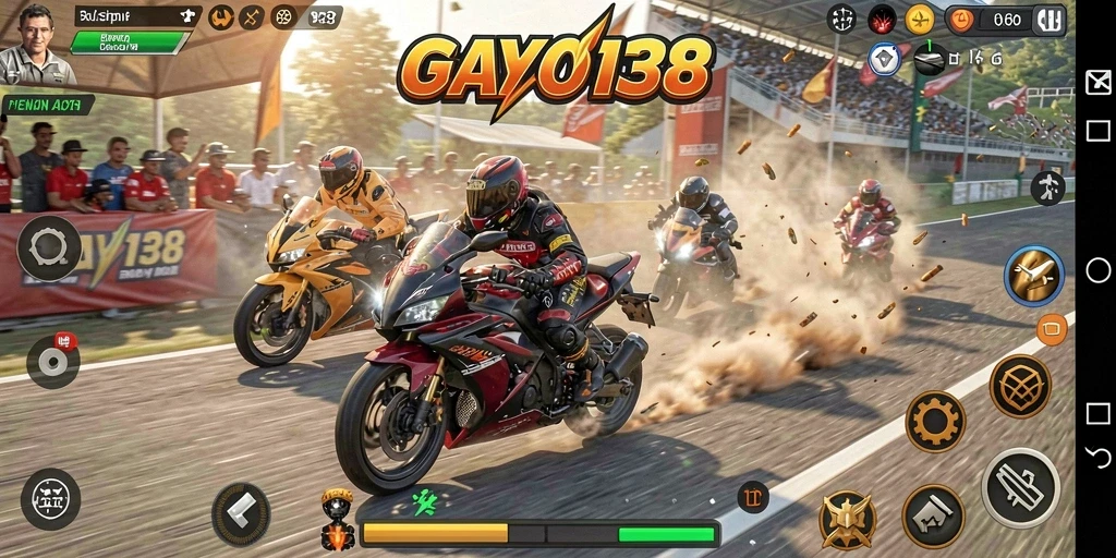Tampilan gameplay intens GAYO138 dengan balapan motor yang seru.