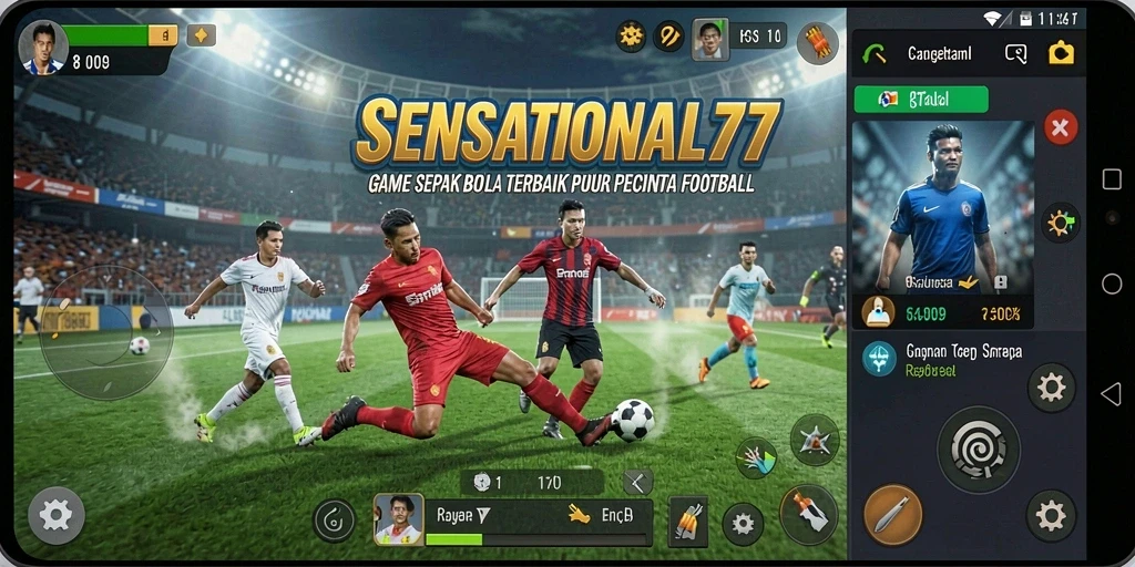 Screenshot SENSATIONAL77 menampilkan pertandingan sepak bola yang intens.