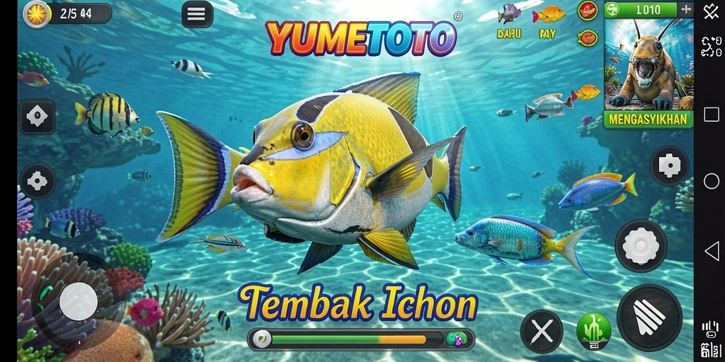 Gameplay YUMETOTO dengan berbagai jenis ikan yang menantang.